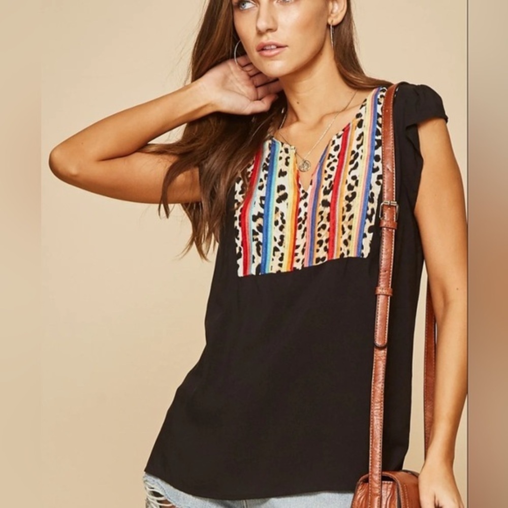 Savanna Jane Cheetah Serape Embroidered Top Size 2X Black Short Flutter Sleeves